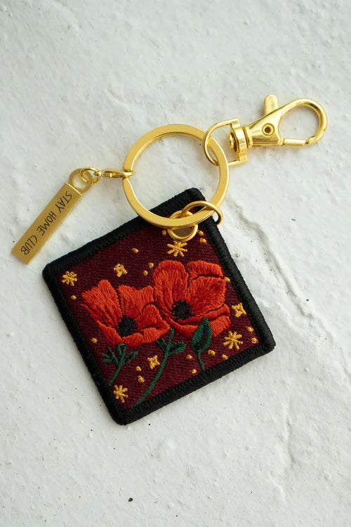 'Poppy' - Porte-Clés Brodé avec fleur de naissance d'août