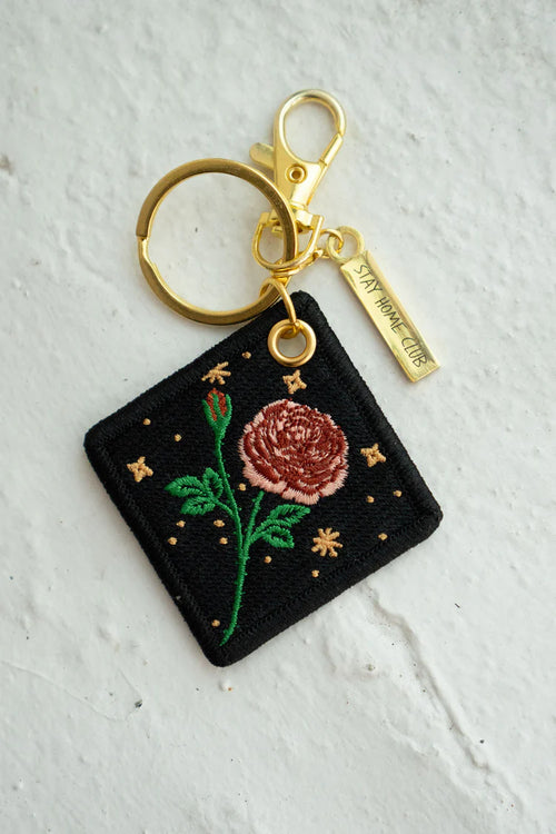 'Rose' - Porte-Clés Brodé avec fleur de naissance de juin